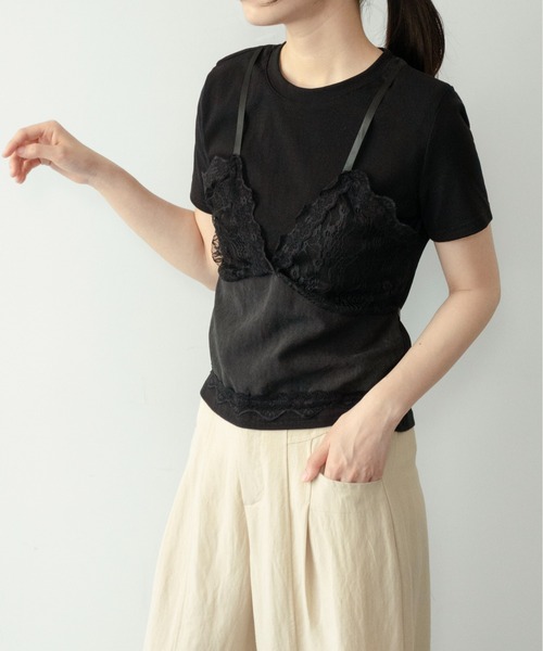 on:nue（オンニュ）の「【on:nue】[着用動画あり！] レースキャミドッキングＴシャツ（Tシャツ/カットソー・レディース・ホワイト/ブラック/グレー・FREE）」の5枚目の写真
