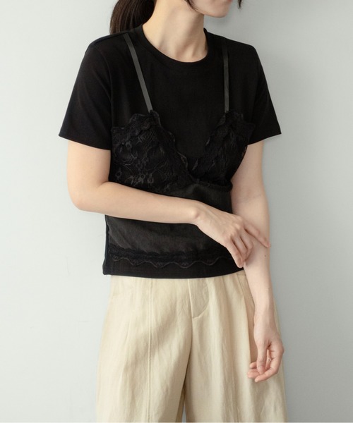 on:nue（オンニュ）の「【on:nue】[着用動画あり！] レースキャミドッキングＴシャツ（Tシャツ/カットソー・レディース・ホワイト/ブラック/グレー・FREE）」の6枚目の写真