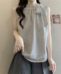 チェック柄ボウタイリボンノースリーブブラウス