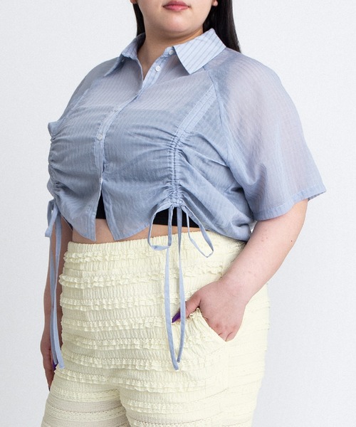 PUNYUS(プニュズ)の「シアークロップド丈ドロストシャツ(シャツ/ブラウス・レディース・ブラック/ピンク/サックスブルー・1/2/3/4/5)」の15枚目の写真