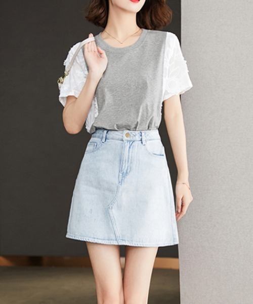 FACTOTUM（ファクトタム）の「刺繍切り替えTシャツ（Tシャツ/カットソー・レディース・グレー・FREE）」の3枚目の写真