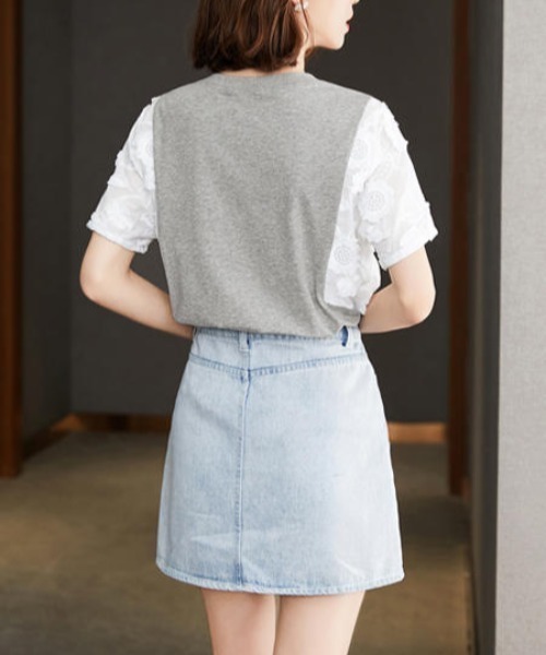 FACTOTUM（ファクトタム）の「刺繍切り替えTシャツ（Tシャツ/カットソー・レディース・グレー・FREE）」の5枚目の写真