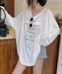 ルーズシルエットロゴプリント長袖シアートップス