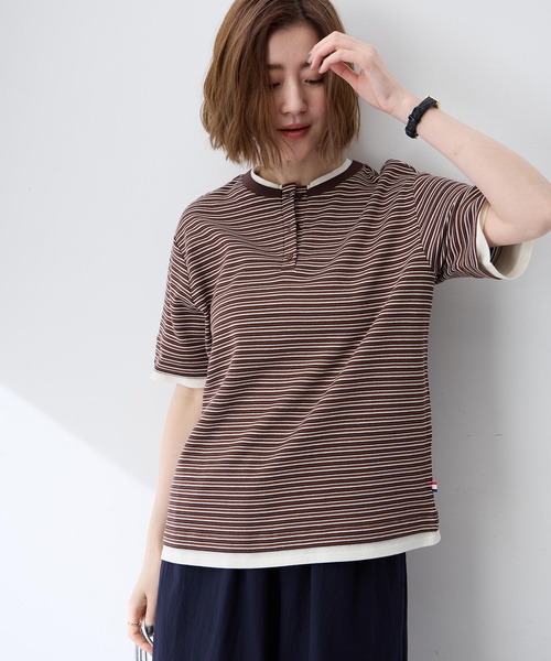 Petit Honfleur（プチオンフルール）の「レイヤード風ヘンリーネックボーダーTシャツ（Tシャツ/カットソー・レディース・ブラウン/グレー・M/L）」の6枚目の写真