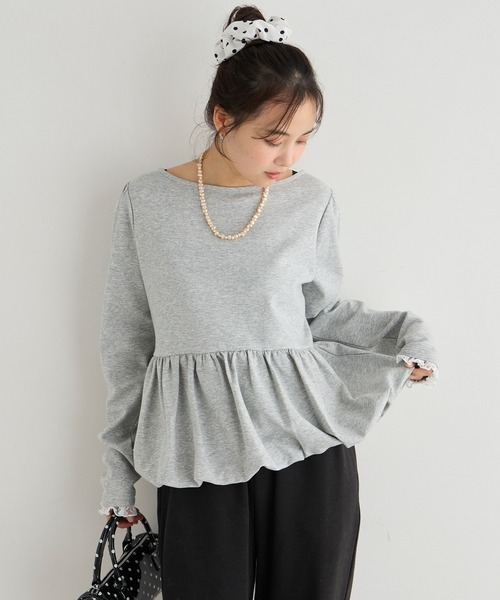 forksy.(フォルクシー)の「【forksy.】バルーンヘム レースカフス ボートネックトップス(Tシャツ/カットソー・レディース・グレー/オフホワイト/ピンク/ブラック・FREE)」の3枚目の写真