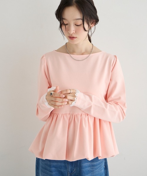 forksy.(フォルクシー)の「【forksy.】バルーンヘム レースカフス ボートネックトップス(Tシャツ/カットソー・レディース・グレー/オフホワイト/ピンク/ブラック・FREE)」の4枚目の写真