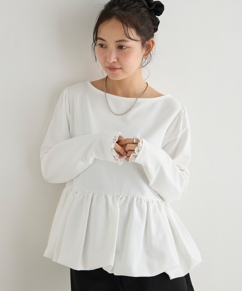 forksy.(フォルクシー)の「【forksy.】バルーンヘム レースカフス ボートネックトップス(Tシャツ/カットソー・レディース・グレー/オフホワイト/ピンク/ブラック・FREE)」の21枚目の写真