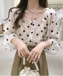 ドット柄シースルーボリュームスリーブトップス