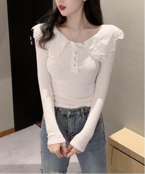 gossip!ロサンゼルス(ゴシップロサンゼルス)の「レースフリルカラー ワッフル ロングスリーブトップス V ネック ヘンリーボタン スリムフィット レディース インナー(Tシャツ/カットソー・レディース・ホワイト・FREE)」の3枚目の写真