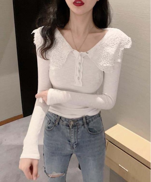 gossip!ロサンゼルス(ゴシップロサンゼルス)の「レースフリルカラー ワッフル ロングスリーブトップス V ネック ヘンリーボタン スリムフィット レディース インナー(Tシャツ/カットソー・レディース・ホワイト・FREE)」の4枚目の写真