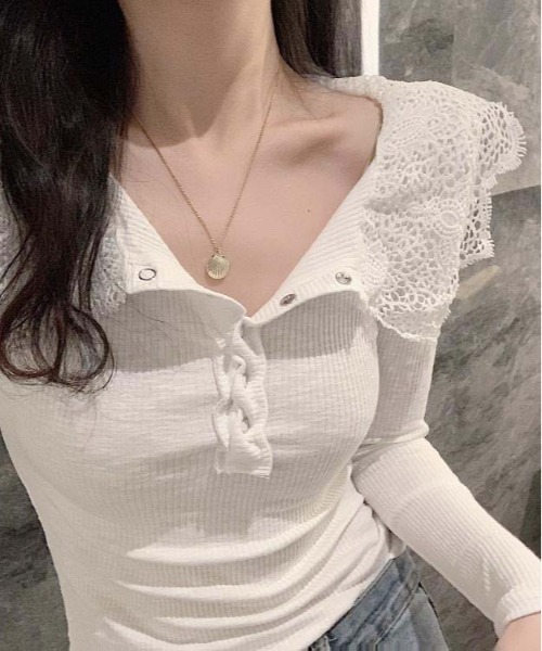 gossip!ロサンゼルス(ゴシップロサンゼルス)の「レースフリルカラー ワッフル ロングスリーブトップス V ネック ヘンリーボタン スリムフィット レディース インナー(Tシャツ/カットソー・レディース・ホワイト・FREE)」の6枚目の写真