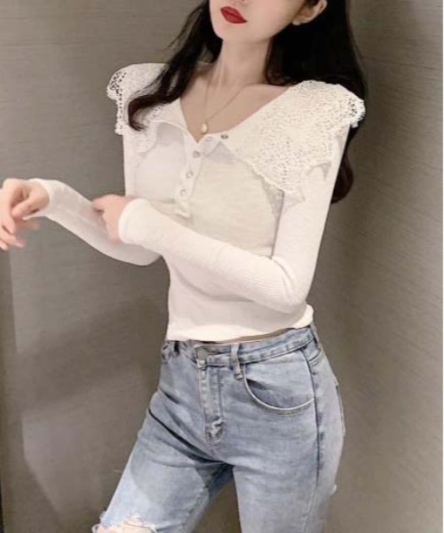 gossip!ロサンゼルス(ゴシップロサンゼルス)の「レースフリルカラー ワッフル ロングスリーブトップス V ネック ヘンリーボタン スリムフィット レディース インナー(Tシャツ/カットソー・レディース・ホワイト・FREE)」の8枚目の写真