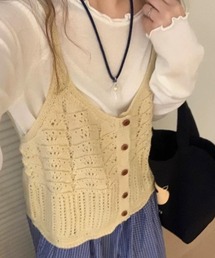 【26年秋冬新作】前開き透かし編み クロシェ キャミソール ニット ビスチェ レイヤード