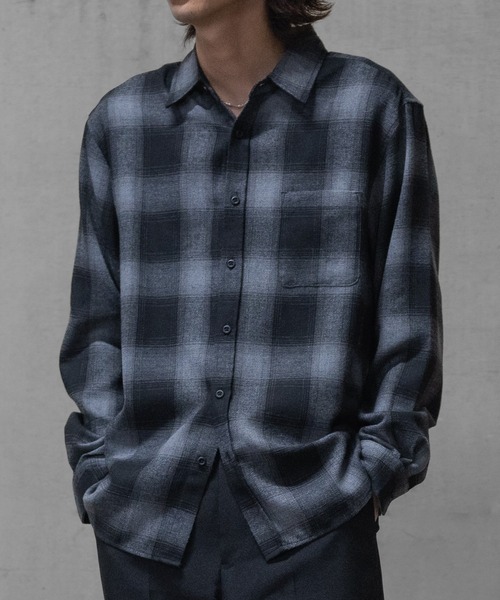神配色 青黒 cootie オンブレシャツ レーヨンシャツ a】ソフトネル オンブレチェックシャツ（シャツ/ブラウス）｜GLOVE