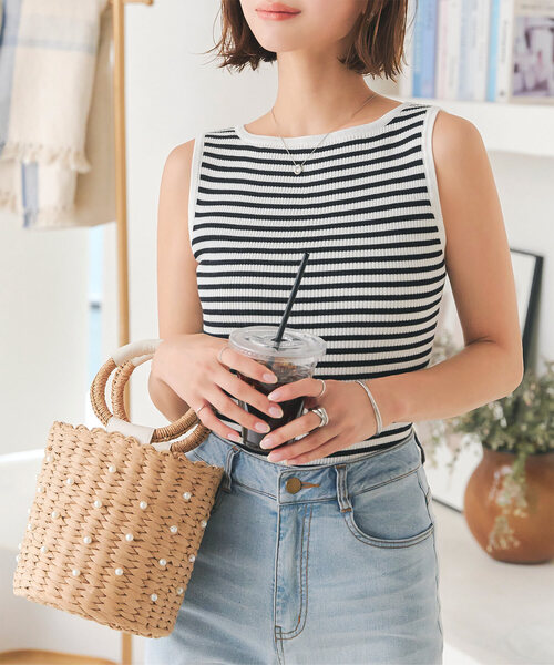 セール】[ 選べる2タイプ ] ボートネックノースリーブリブサマーニット