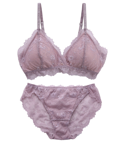 blooming FLORA（ブルーミングフローラ）の「【ふわり、肌に寄り添う】 繊細な花柄レース ブラレット＆ショーツセット ノンワイヤー 脇高 総レース S M L（ブラ&ショーツ・レディース・ブラック/ネイビー/モカ/ラベンダー/ピンクベージュ/ライラック・SMALL/MEDIUM/LARGE）」の6枚目の写真