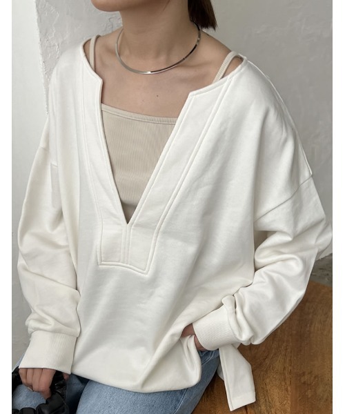 Re:EDIT（リエディ）の「深Vネック裏毛スウェットプルオーバー（スウェット・レディース・アイボリー/ベージュ/スミクロ/ライトカーキ/ホワイト系その他/グリーン系その他/ブラック系その他・MEDIUM/LARGE）」の14枚目の写真