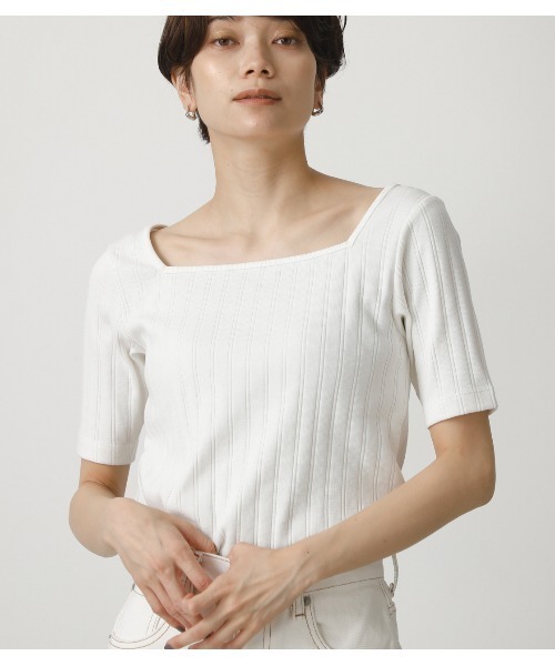 AZUL by moussy(アズールバイマウジー)の「2WAY WIDE RIB TOPS/2WAYワイドリブトップス(Tシャツ/カットソー・レディース・オフホワイト/ベージュ/グリーン/ブラック・MEDIUM/SMALL)」の3枚目の写真