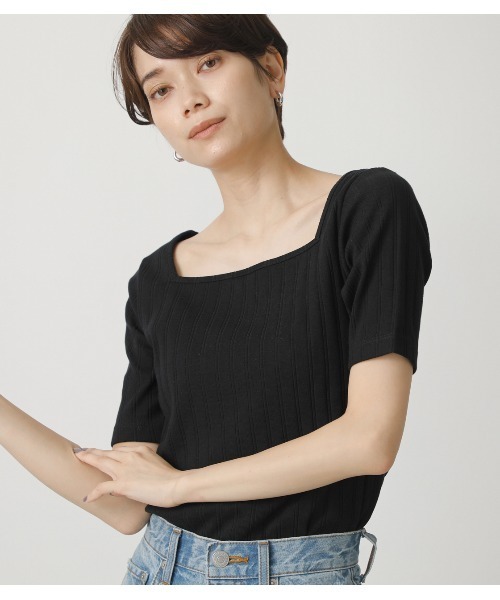 AZUL by moussy(アズールバイマウジー)の「2WAY WIDE RIB TOPS/2WAYワイドリブトップス(Tシャツ/カットソー・レディース・オフホワイト/ベージュ/グリーン/ブラック・MEDIUM/SMALL)」の1枚目の写真