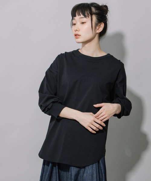 Munich（ミューニック）の「プレミアムコットン　パフスリーブトップス（Tシャツ/カットソー・レディース・ダークグレー/ライトベージュ/キャメル/レッド/ブラック/ホワイト・FREE）」の3枚目の写真