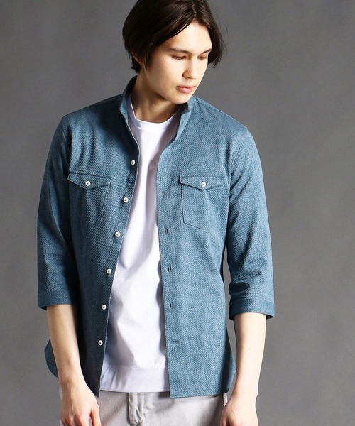 MONSIEUR NICOLE（ムッシュニコル）の「バスケットドビージャカードジャージ７分袖シャツ（シャツ/ブラウス・メンズ・ホワイト/ネイビー/グレイッシュブルー・MEDIUM/LARGE/X-LARGE）」の3枚目の写真