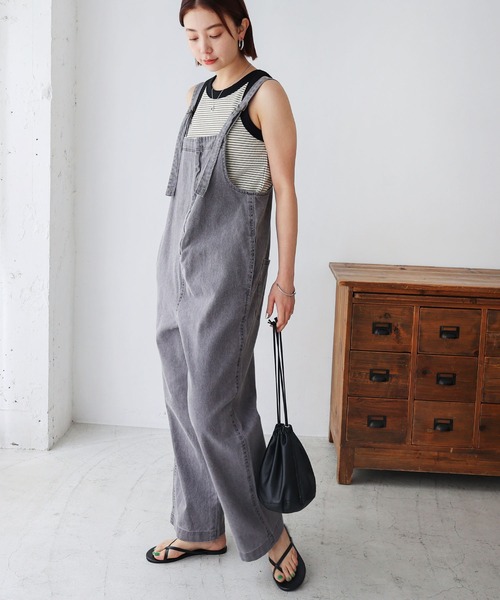 andme（アンドミー）の「コットンツイルフロントジップサロペット（サロペット/オーバーオール・レディース・ブラック/オフホワイト/グレー/カーキ/ケミカルウォッシュ/スミクロ/サックスブルー・M/L）」の5枚目の写真