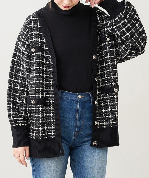 natural couture（ナチュラルクチュール）の「【WEB限定カラー有り】ツイードニットVカーディガン（カーディガン/ボレロ・レディース・アイボリー/ブラック/ブラウン・FREE）」の3枚目の写真
