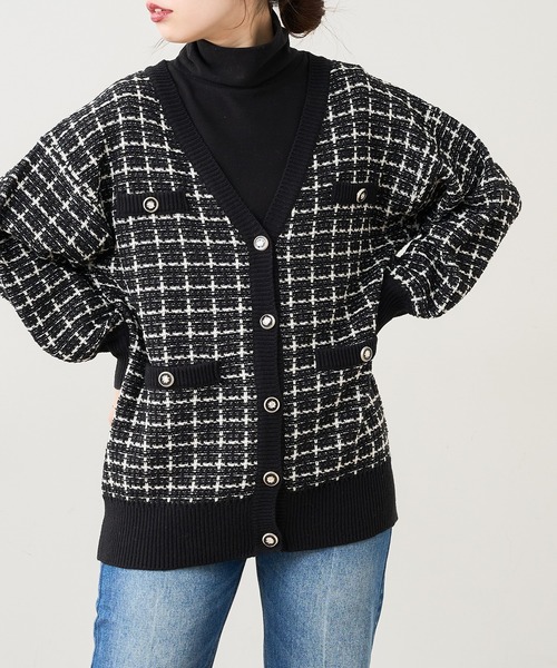 セール】【WEB限定カラー有り】ツイードニットVカーディガン
