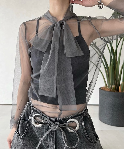 musubore(ムスボレ)の「ボウタイチュールブラウス(シャツ/ブラウス・レディース・ブラック/パープル/グレー/ライトパープル・FREE)」の2枚目の写真