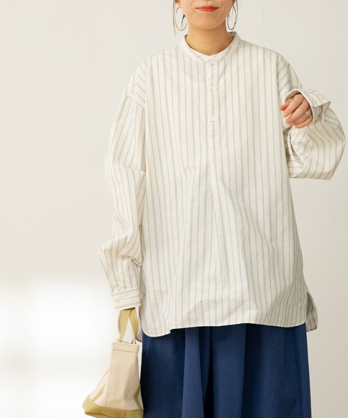 FORK&SPOON（フォークアンドスプーン）の「『ユニセックス』FORK&SPOON　ノーカラープルオーバーロングスリーブシャツ（シャツ/ブラウス・メンズ・オフホワイト/ストライプ・4/5）」の7枚目の写真