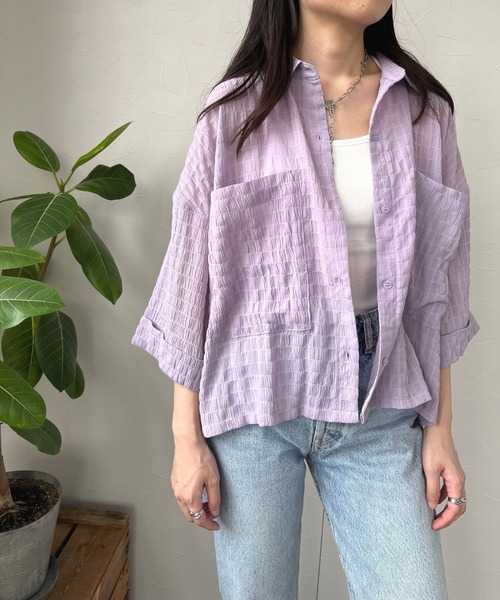 JUGLANS(ユグランス)の「☆ 清涼感たっぷり。ポケット付き半袖シャツ T1164(シャツ/ブラウス・レディース・ラベンダー/ホワイト・FREE)」の1枚目の写真
