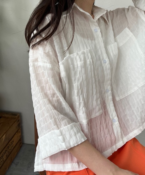 JUGLANS(ユグランス)の「☆ 清涼感たっぷり。ポケット付き半袖シャツ T1164(シャツ/ブラウス・レディース・ラベンダー/ホワイト・FREE)」の9枚目の写真