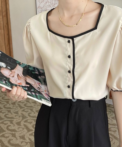 emi+（エミプラス）の「5分袖配色パイピングブラウス（シャツ/ブラウス・レディース・ホワイト/ベージュ/モカ/ダークベージュ/イエロー/ブラック・FREE）」の12枚目の写真