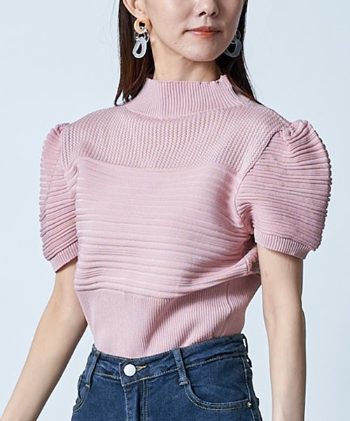 MAISON BREEZE(メゾンブリーズ)の「【MAISON BREEZE】モックネックリブ編みパフスリーブトップス SCCH141(Tシャツ/カットソー・レディース・ホワイト/ブラック/パープル/ピンク/イエロー/グリーン・FREE)」の6枚目の写真