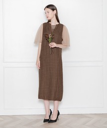 Leja | 【LEJA】インナーシアーブラウスセット刺繍チェックジャンスカロング丈ドレスワンピース美脚効果結婚式 パーティードレス(ドレス)