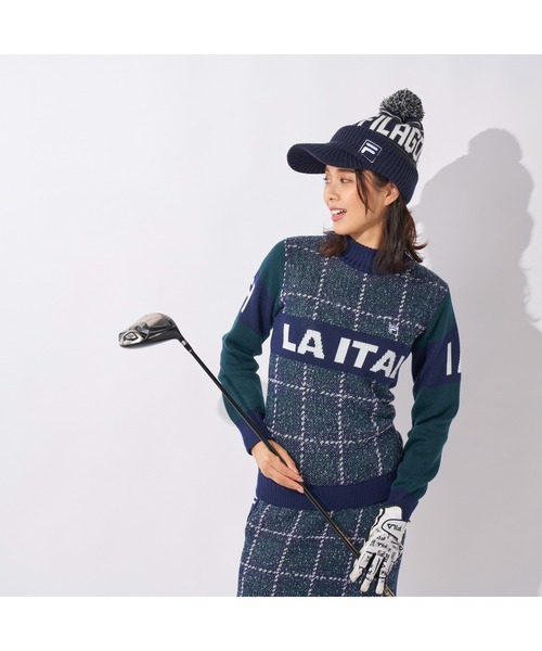 FILA GOLF(フィラゴルフ )の「FILA GOLF/フィラ ゴルフ クルーネック セーター チェック ジャガード ブランドロゴ リサイクル糸 ニット セーター スポーツウェア(ニット/セーター・レディース・ホワイト/グリーン/ピンク・LL/L/M)」の3枚目の写真