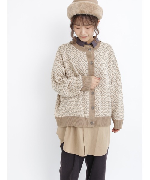 Samansa Mos2(サマンサ モスモス)の「ジャカード柄ニットカーディガン(カーディガン/ボレロ・レディース・ベージュ/レッド/ブラック/ミント・フリ-)」の1枚目の写真