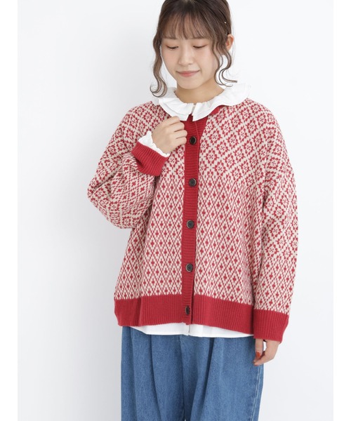 Samansa Mos2(サマンサ モスモス)の「ジャカード柄ニットカーディガン(カーディガン/ボレロ・レディース・ベージュ/レッド/ブラック/ミント・フリ-)」の4枚目の写真