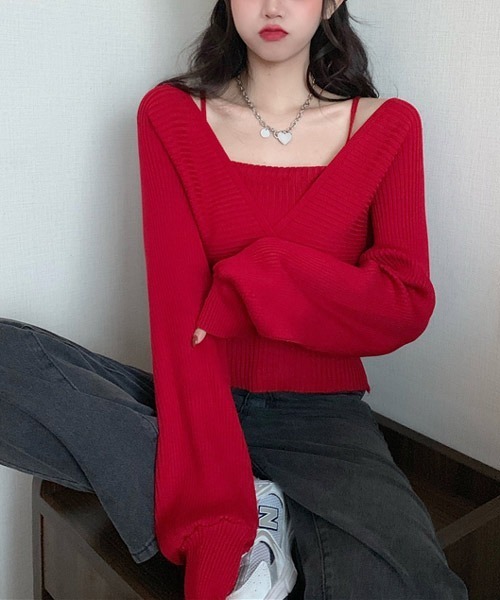 urge:(アージコロン )の「【URGE:】カシュクール リブ 長袖ニット(ニット/セーター・レディース・ブラック/ホワイト/ブラウン/レッド/ピンク・SMALL/MEDIUM/LARGE)」の2枚目の写真