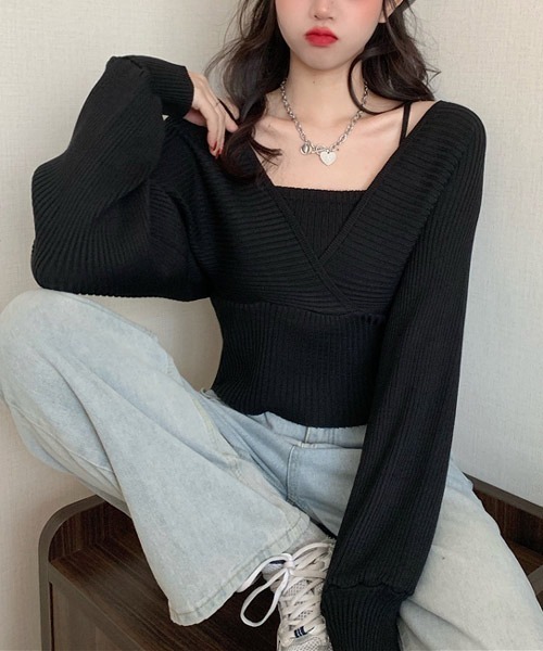 urge:(アージコロン )の「【URGE:】カシュクール リブ 長袖ニット(ニット/セーター・レディース・ブラック/ホワイト/ブラウン/レッド/ピンク・SMALL/MEDIUM/LARGE)」の4枚目の写真