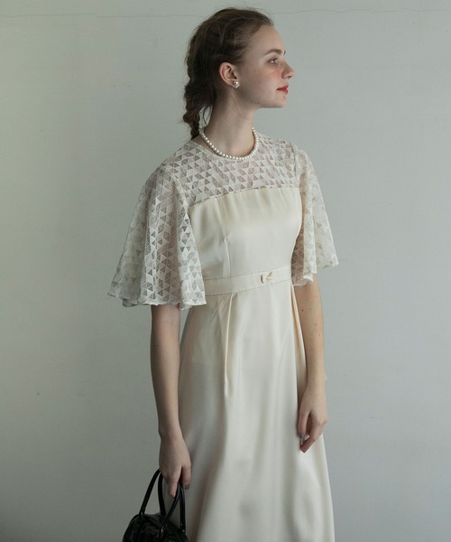 【セール】【BONLECILLnoir】幾何学ラメレース フレアスリーブサテンドレス（ドレス）｜BONLECILL noir（ボンルシールノワール）