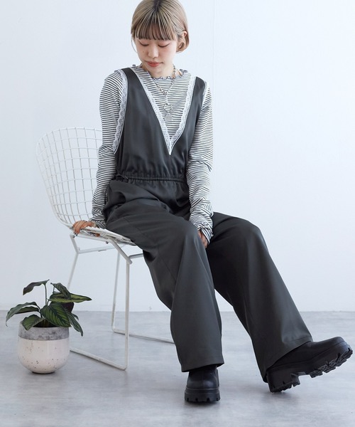 w closet（ダブルクローゼット）の「ランジェリーキャミサロペット（つなぎ/オールインワン・レディース・チャコールグレー/アイボリー・FREE）」の13枚目の写真