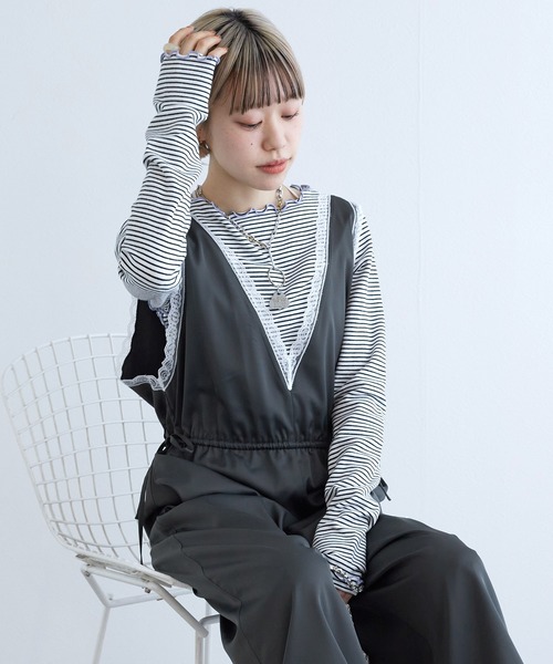 w closet（ダブルクローゼット）の「ランジェリーキャミサロペット（つなぎ/オールインワン・レディース・チャコールグレー/アイボリー・FREE）」の14枚目の写真