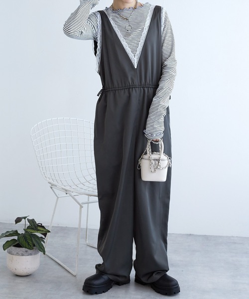 w closet（ダブルクローゼット）の「ランジェリーキャミサロペット（つなぎ/オールインワン・レディース・チャコールグレー/アイボリー・FREE）」の22枚目の写真