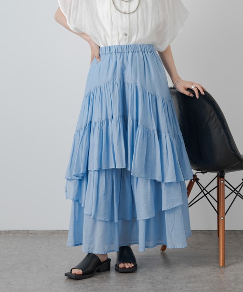 PUAL CE CIN（ピュアルセシン）の「インドボイル変形ティアードスカート（スカート・レディース・ホワイト/ブラック/ブルー/オレンジ/ベージュ・FREE）」の5枚目の写真