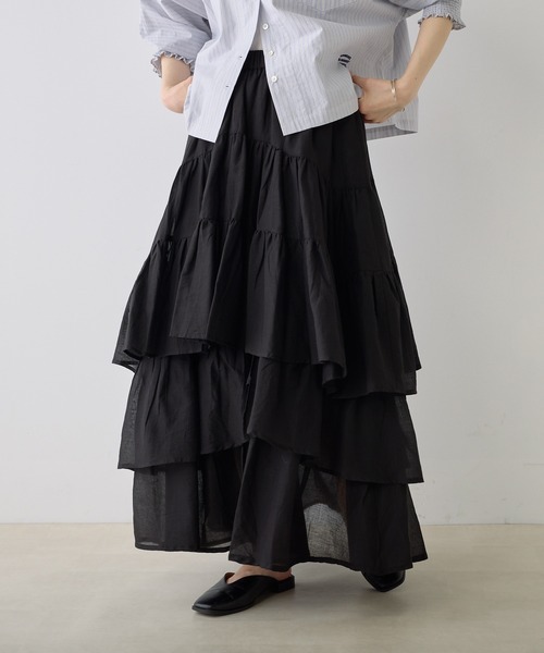 PUAL CE CIN（ピュアルセシン）の「インドボイル変形ティアードスカート（スカート・レディース・ホワイト/ブラック/ブルー/オレンジ/ベージュ・FREE）」の7枚目の写真