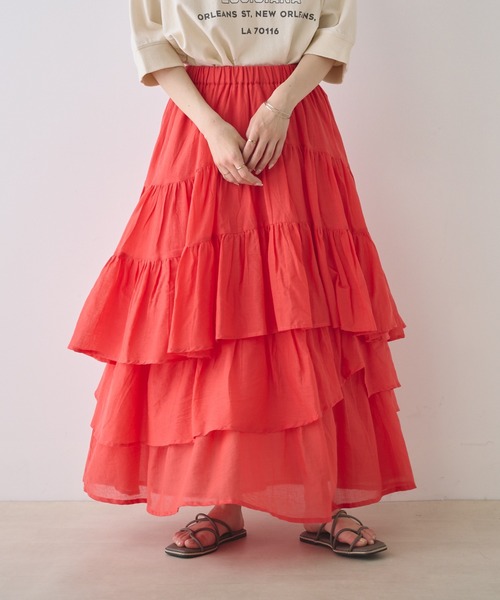 PUAL CE CIN（ピュアルセシン）の「インドボイル変形ティアードスカート（スカート・レディース・ホワイト/ブラック/ブルー/オレンジ/ベージュ・FREE）」の6枚目の写真