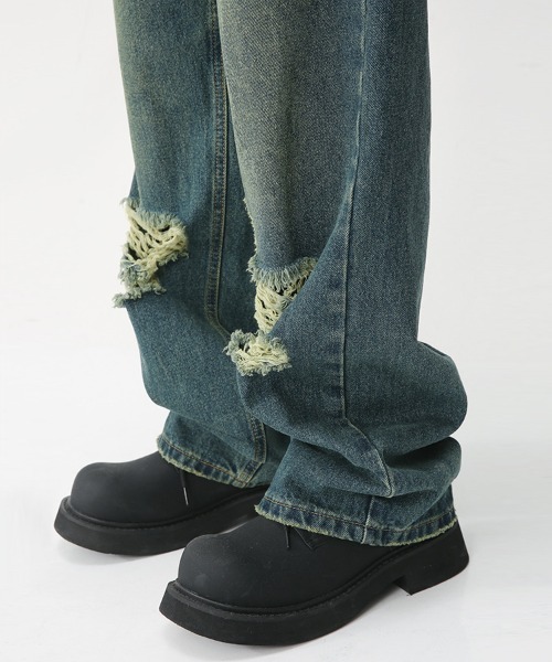 Ressaca ダメージデニムパンツ ヴィンテージライク ルーズストレート ヴィンテージライク クラッシュダメージ加工