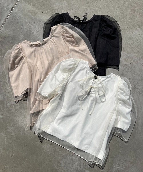 one after another NICE CLAUP(ワンアフターアナザーナイスクラップ)の「チュールかけTシャツ(Tシャツ/カットソー・レディース・ベージュ/オフホワイト/ブラック・FREE)」の20枚目の写真