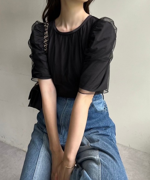 one after another NICE CLAUP(ワンアフターアナザーナイスクラップ)の「チュールかけTシャツ(Tシャツ/カットソー・レディース・ベージュ/オフホワイト/ブラック・FREE)」の15枚目の写真